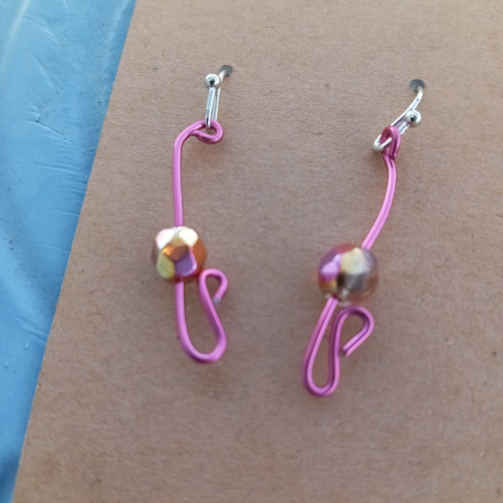 New pink wire wrapped Czech crystal statement earrings drop earrings handmade